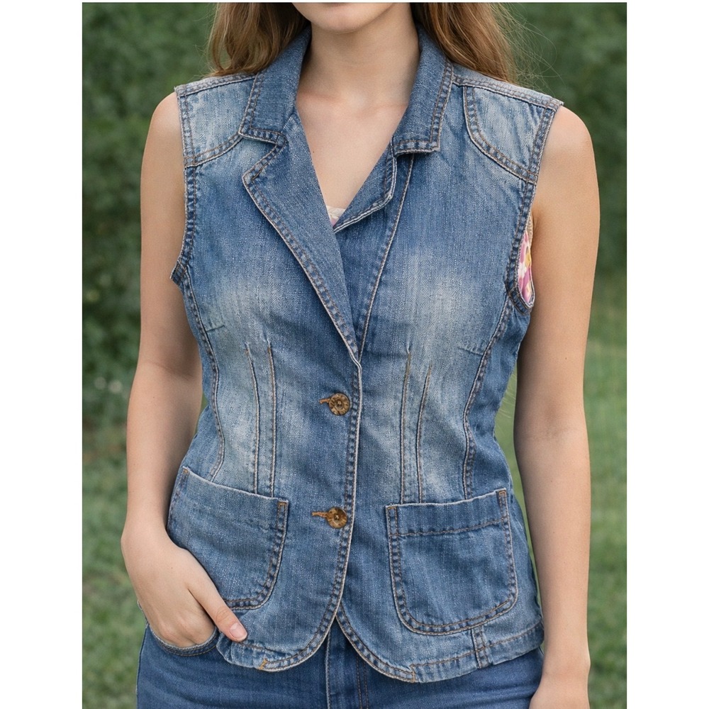 Comfort Denim‎ Juniors XL Blue Denim Vest Floral Lined Sleeveless Jacket NWT